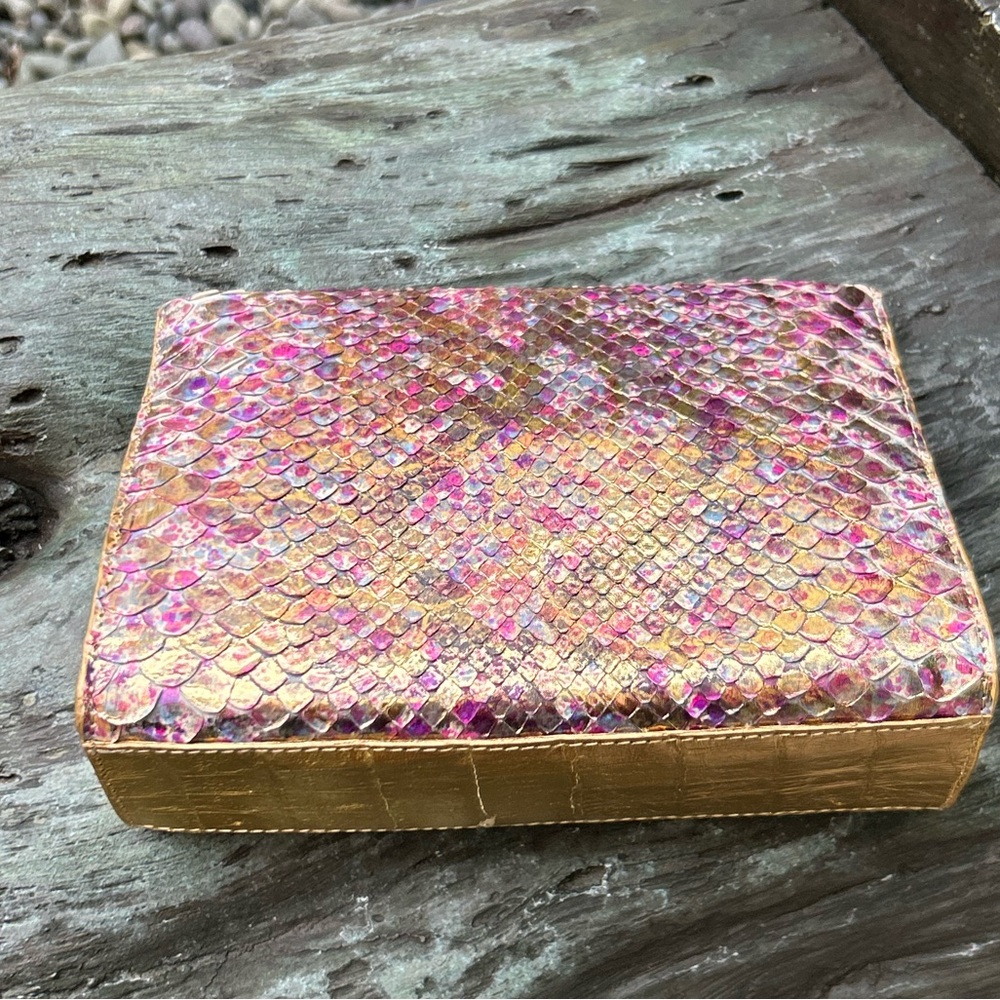 Nancy Gonzalez Genuine Python Crocodile Metallic Clutch purse bag gold purple